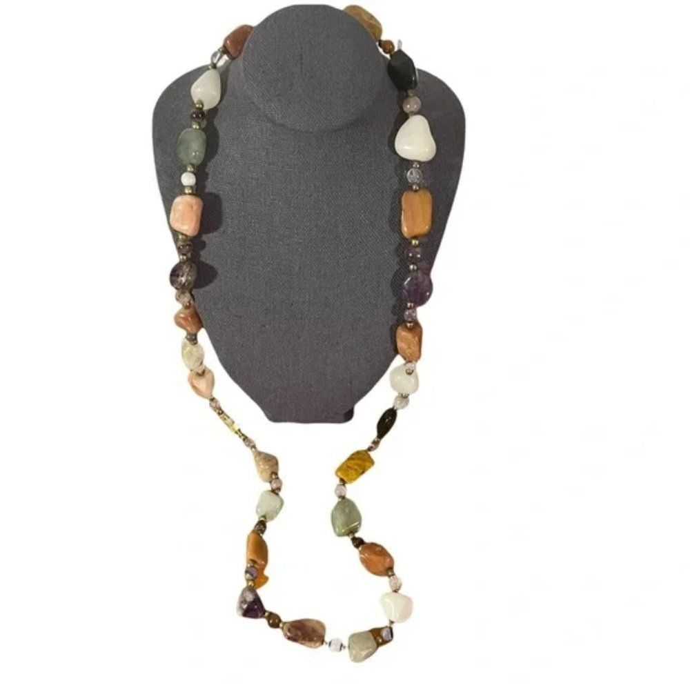 Colorful Stone Layering Necklace With Beads Between Stones Mystery Closure Clasp - Picture 4 of 13